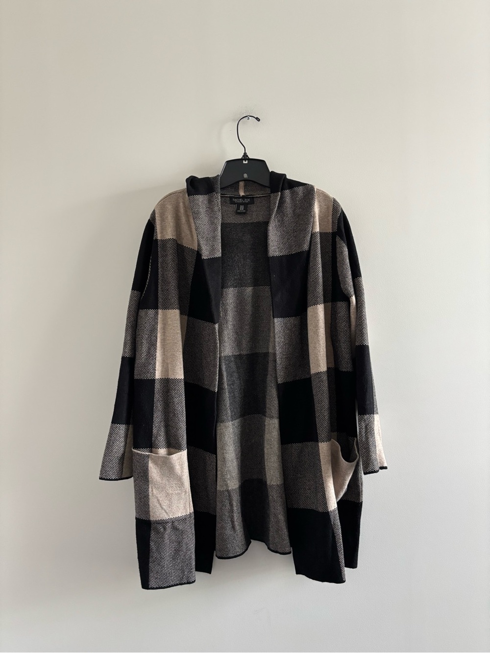 Rachel Zoe Sweater Jacket Shacket Hood Buffalo Plaid Black Beige Pocket Women 1X